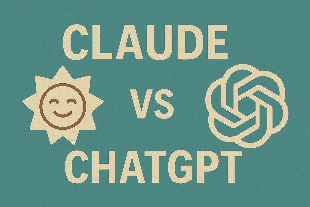 Illustration featuring a smiling sun face labeled "Claude" on the left and the ChatGPT logo on the right, separated by a bold “VS” and set against a teal background.