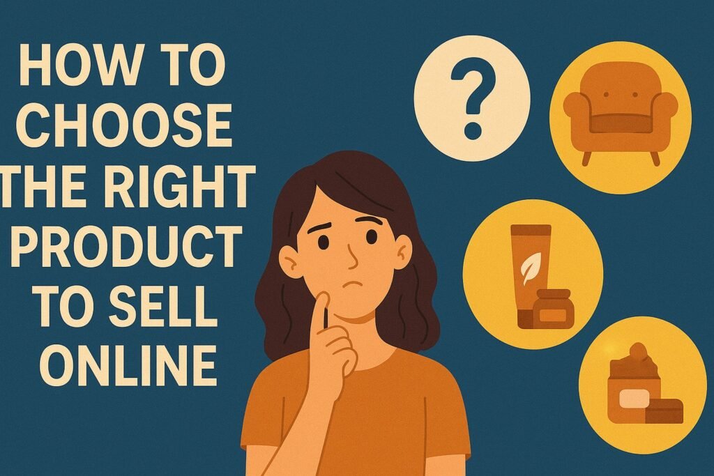 How to Choose the Right Product to Sell Online” showing a thoughtful woman surrounded by icons of a chair, skincare products, and a question mark, symbolizing product selection