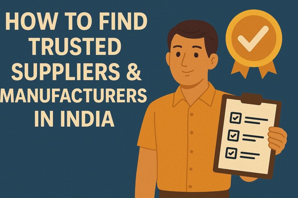 How to Find Trusted Suppliers & Manufacturers in India,” featuring a confident man holding a checklist clipboard, with a certification badge and bold title text, symbolizing verified sourcing.