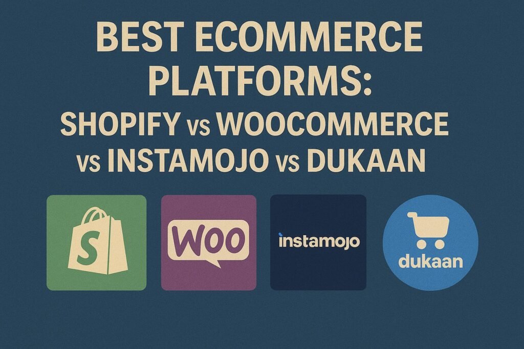 Best eCommerce Platforms: Shopify vs WooCommerce vs Instamojo vs Dukaan” featuring platform logos in distinct colored boxes under a bold heading, representing a platform comparison