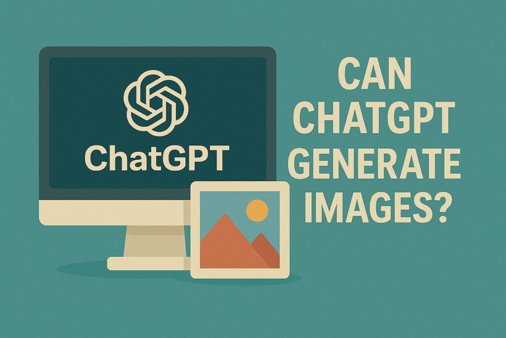 Illustration of a desktop monitor displaying the ChatGPT logo, with a photo icon and the question “Can ChatGPT Generate Images?” in bold letters on a teal background.