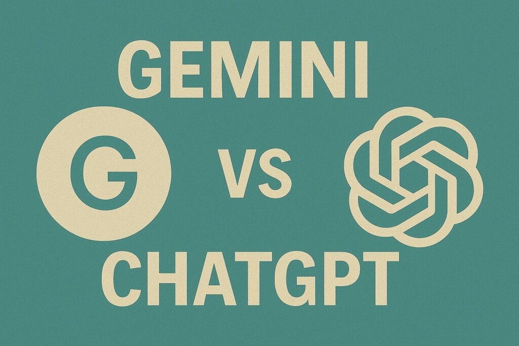 Illustration of a bold “G” symbol for Gemini on the left and the ChatGPT logo on the right, with the text “Gemini vs ChatGPT” on a teal background.