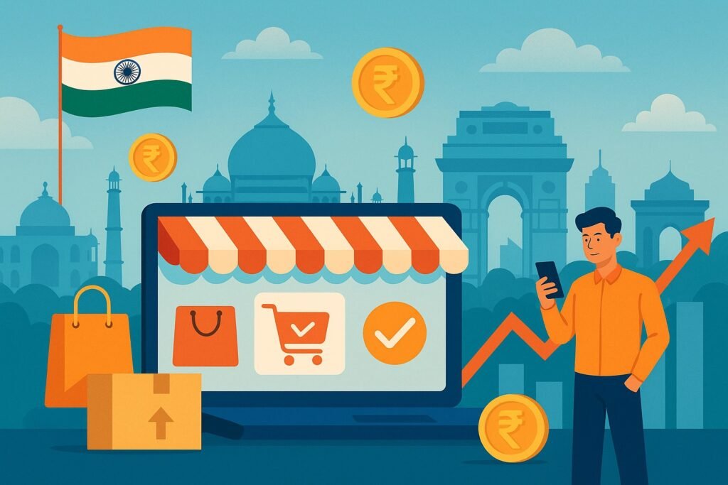 Illustration representing eCommerce growth in India in 2025 with a cityscape featuring Indian landmarks, an online store on a laptop, shopping elements, and a person using a smartphone against the backdrop of the Indian flag and rising economic indicators.