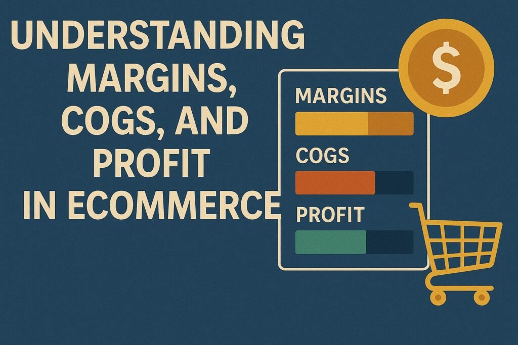Understanding Margins, COGS, and Profit in eCommerce,” featuring labeled bar charts for each concept alongside a shopping cart and dollar sign, emphasizing financial breakdown in online retail