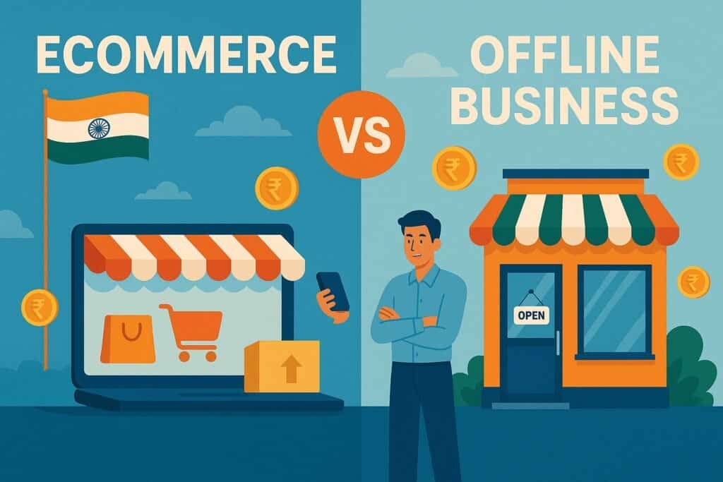 Split-screen illustration comparing eCommerce and offline business in India, with the left side showing online shopping via laptop and the right side showing a traditional storefront and shopkeeper, under a “VS” symbol