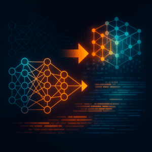 An abstract digital illustration showing two neural network architectures connected by an arrow, highlighting the evolution from one network to another with a background of binary code.