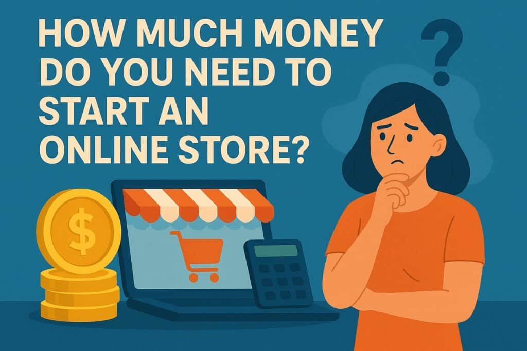 Illustration with the question “How much money do you need to start an online store?” featuring a thoughtful woman beside a laptop, calculator, and coins, symbolizing financial planning for eCommerce.
